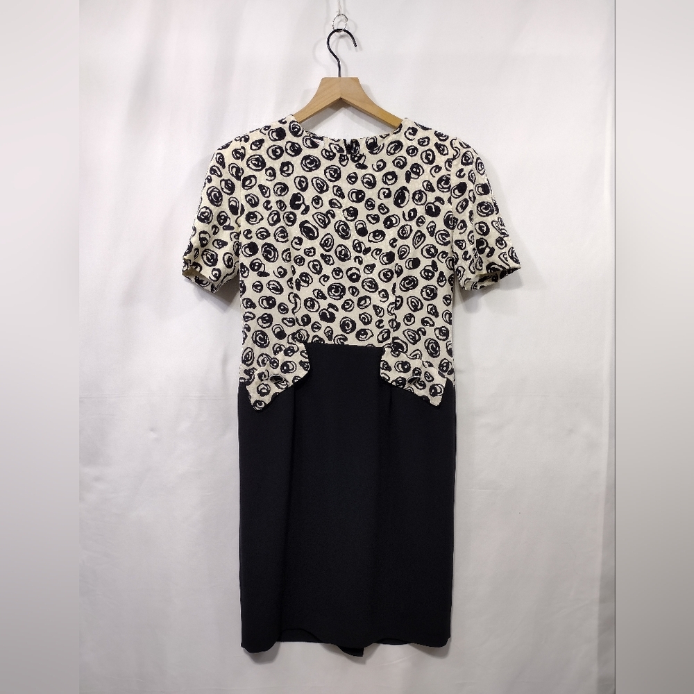 Vintage 100% Silk Floral Dress Women's 8 Cream Black Office Career Retro 90s Y2K